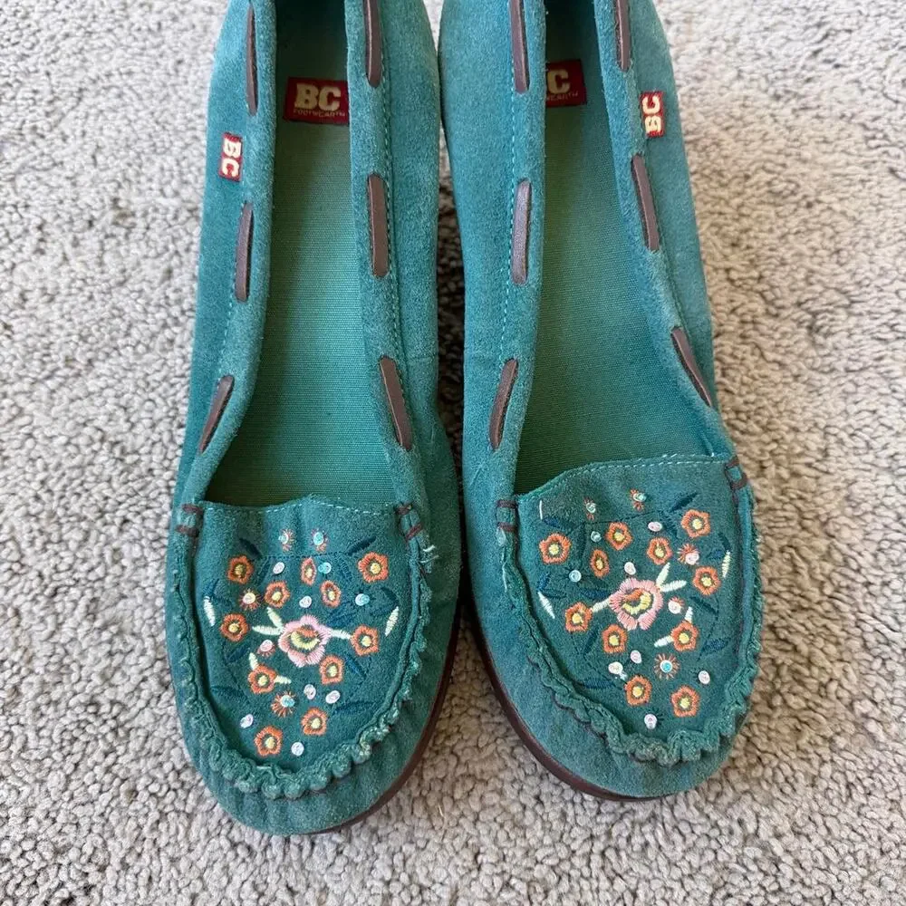 BC Footwear teal suede wedge loafers with embroidered and beaded floral design